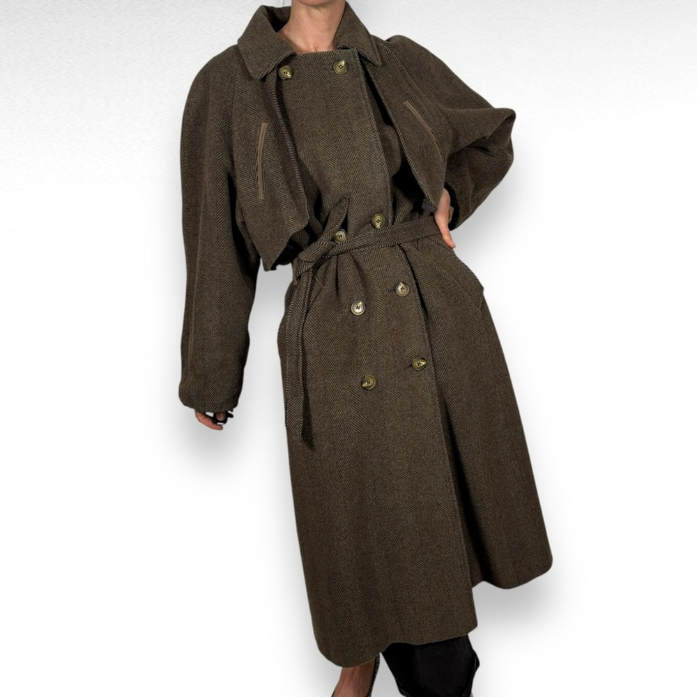 Vintage 70s Wool Trench Coat Jacket Maxi Tweed Brown Black Luxury Size Medium